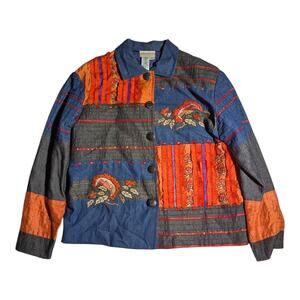 Vtg 1990s Coldwater Creek Blue Denim Orange Silk Floral Patchwork Jacket Sz S